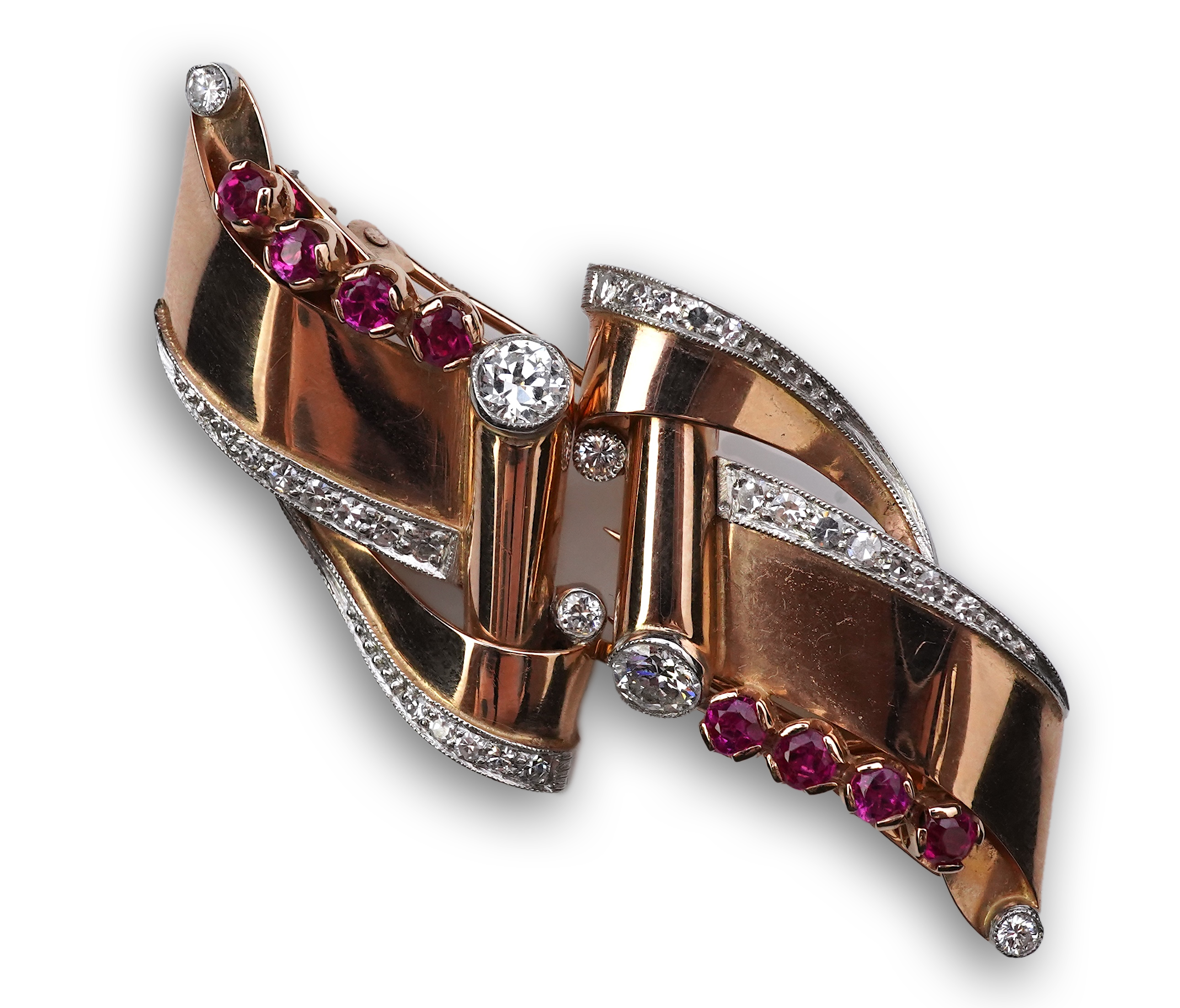 A Retro gold, synthetic ruby and diamond double clip brooch, circa 1940